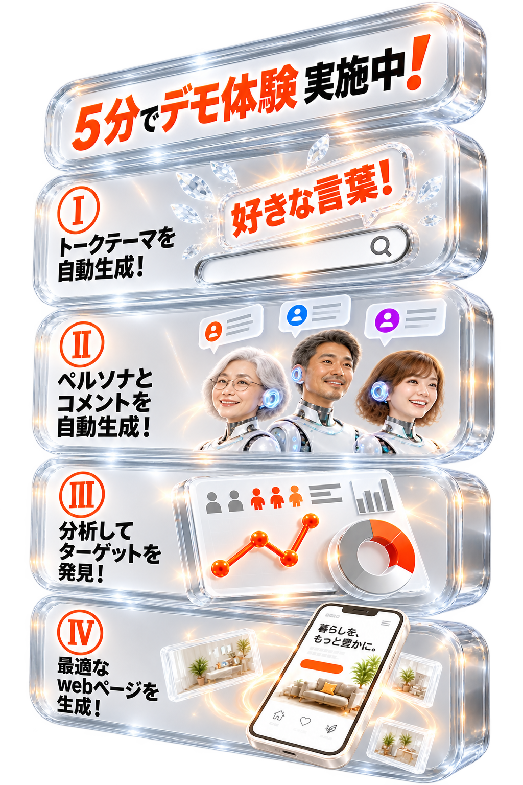 5分でデモ体験実施中！／デモその1：トークテーマを自動生成！／デモその2：ペルソナとコメントを自動生成！／デモその3：分析してターゲットを発見！／デモその4：最適なwebページを生成！
